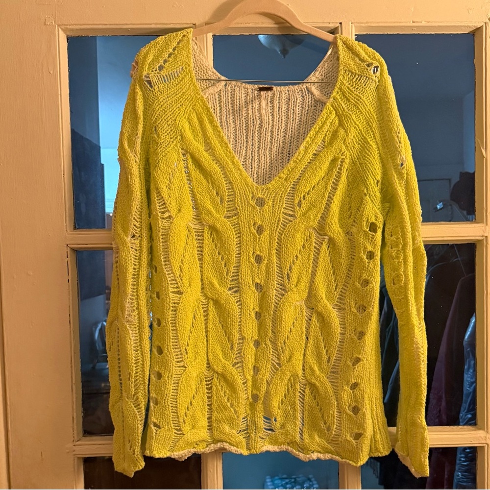 Free People Sunshine Crochet Sweater Neon Yellow Distressed Cable Knit Boho M